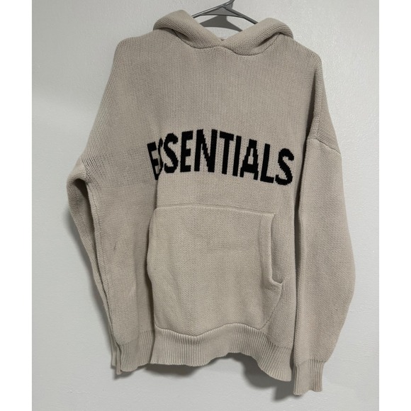 Fear of God Essentials Knit Hoodie Beige Logo‎ Pocket Men's M - Picture 2 of 7